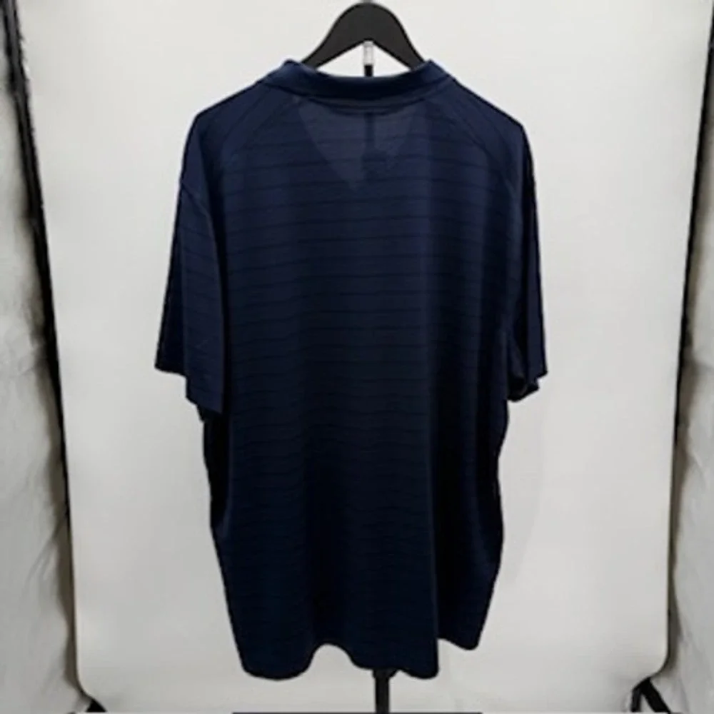 Nike Dri-FIT Mens‎ XXL Navy Blue Striped Short Sleeve Golf Polo Shirt Red Swoosh